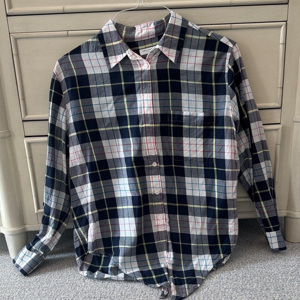 Equipment Plaid Tie-Front Button Down Shirt - Navy, White, Pink